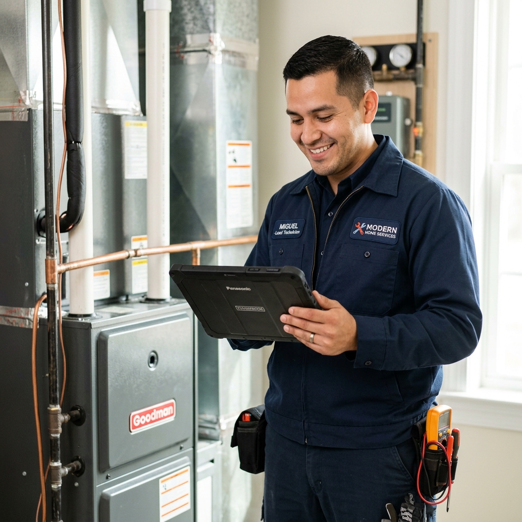 Service technician using a tablet
